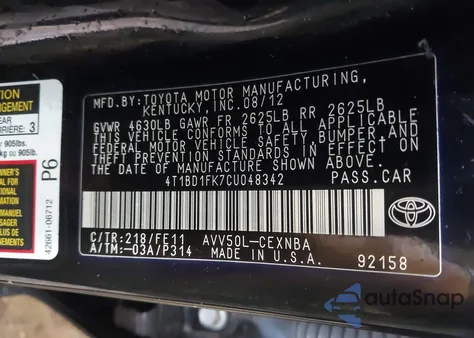 2012 Toyota Camry Hybrid Le z USA, uszkodzony, nr VIN 4T1BD1FK7CU048342